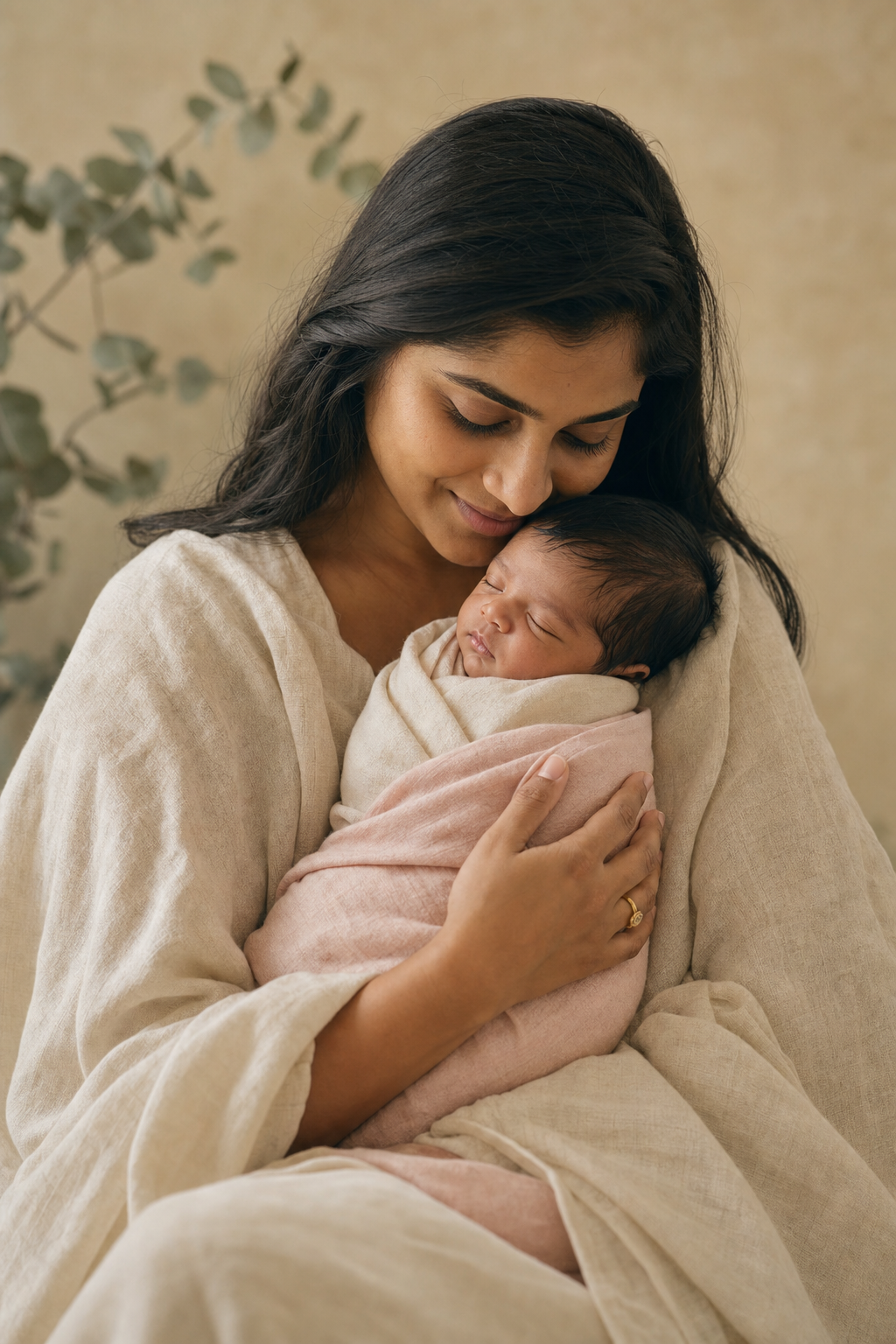 A mother tenderly holding her newborn baby