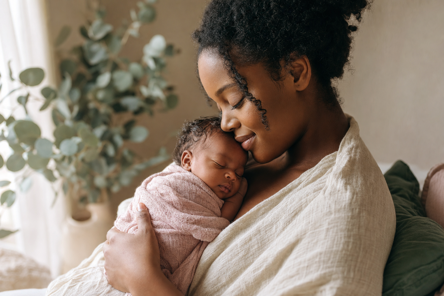 Mother tenderly holding her newborn baby