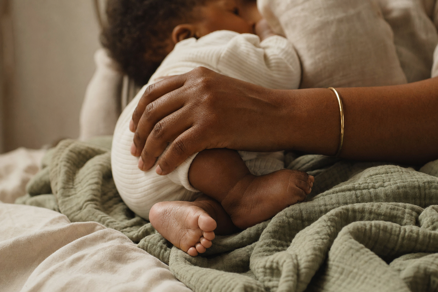 Hands gently supporting a swaddled baby